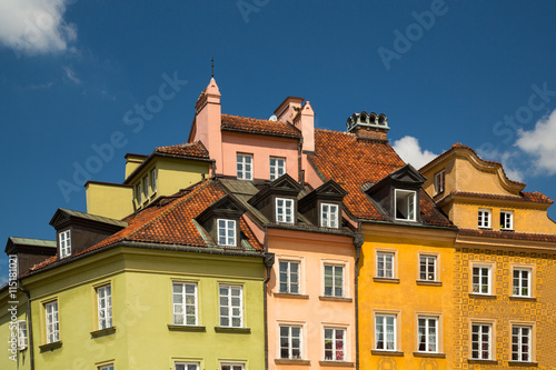 A close up of buildings in Castle Square in Warsaw, Poland 