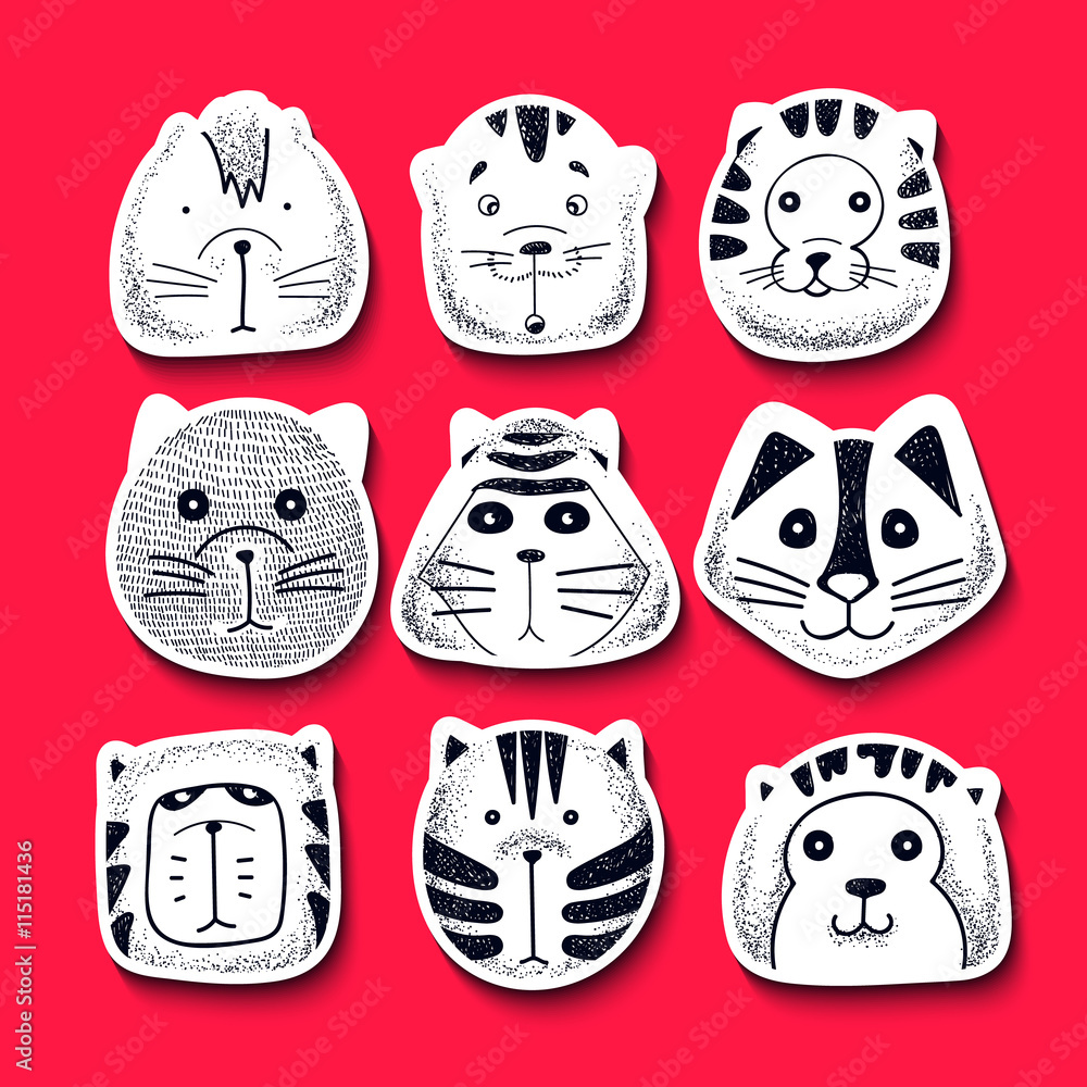 Obraz premium Set of cute doodle cats. Character sketch cat. Cats in style of retro engraving vector. Kids doodle animals. Stylish muzzle cats. Isolated cat. Emotions for design. Cats doodle illustration vector