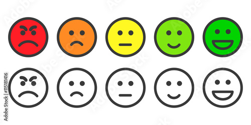 Emoji icons, emoticons for rate of satisfaction level. Five grade smileys for using in surveys. Colored and outline icons. Isolated vector illustration on white background