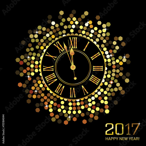 Gold Clock with hexagon circular pattern on a black background 