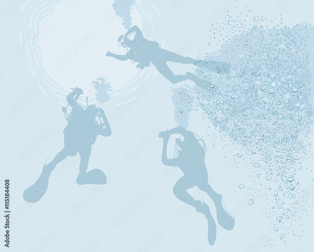 Three divers under water, view from the seabed with bubble details. Three divers under water, view from the seabed with bubble details.