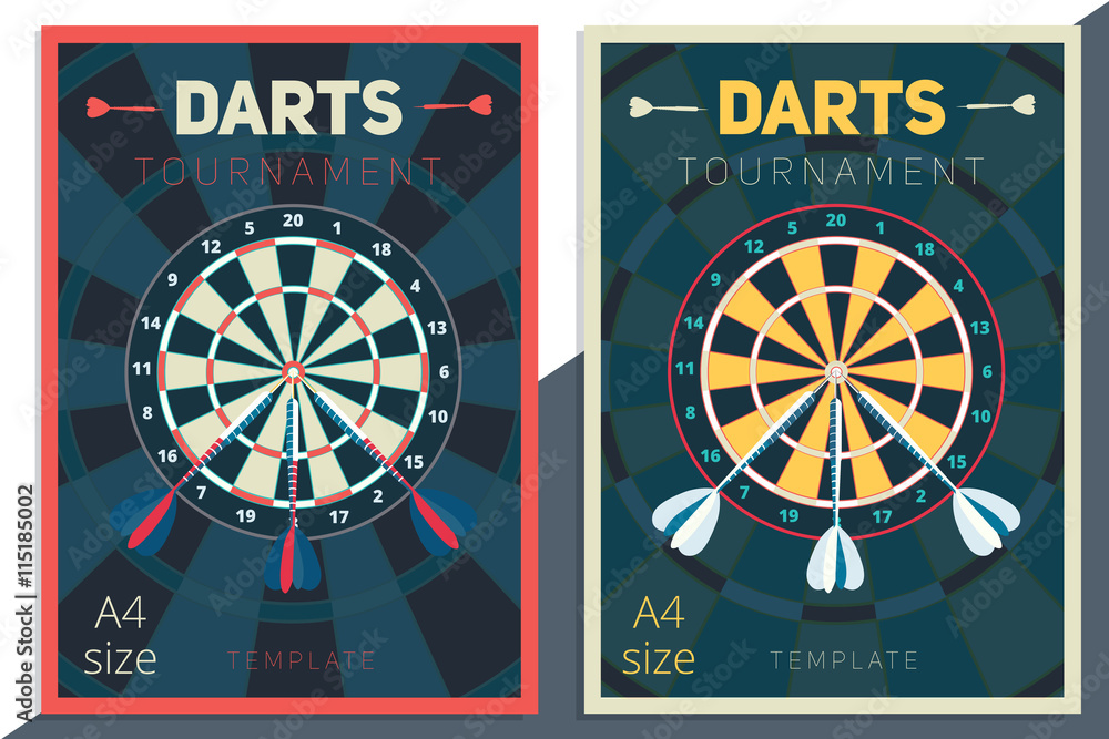 Darts tournament vector poster template design. Flat retro style Stock