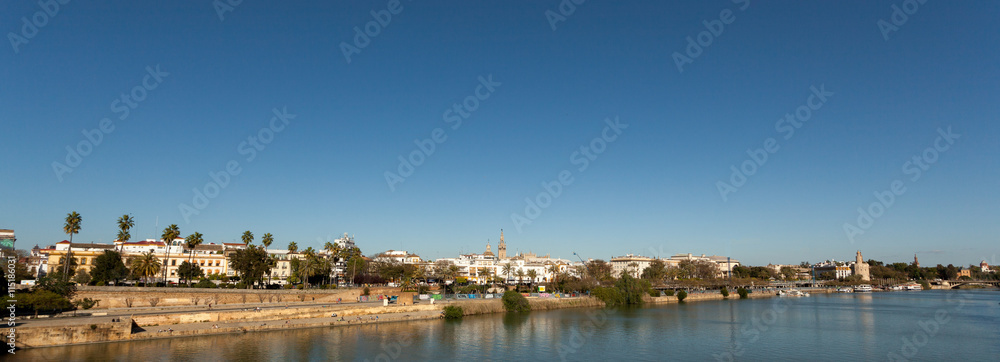 Panoramic view of Sevilla, Spain, from river Guadalquivir