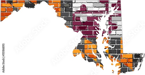 Maryland map on a brick wall - Illustration,  
The state of Maryland map with flag inside, 
Grunge map and flag of Maryland on a brick wall, 
Maryland flag in brick style