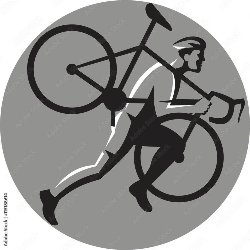 Obraz premium Cyclocross Athlete Carrying Bicycle Circle Retro
