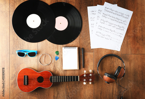 Musician set on brown woode...