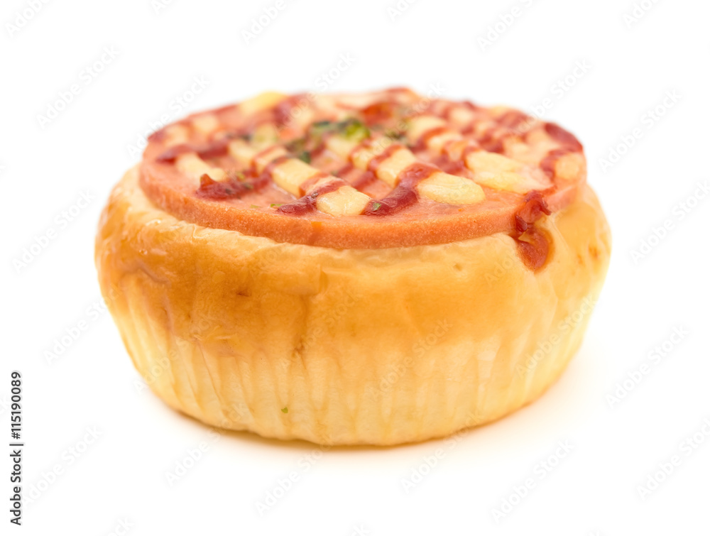 side view bread with BBQ pork on top on a white background side view bread with BBQ pork on top on a white background