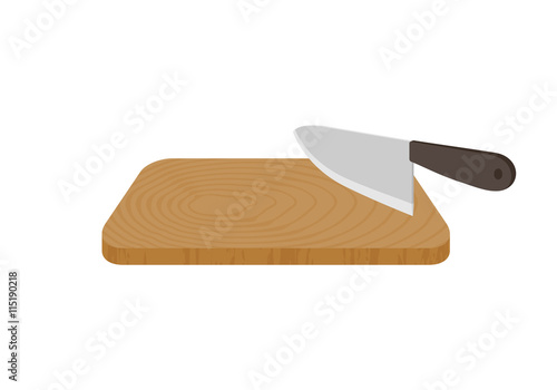 Wooden cutting board and knife isolated on white background