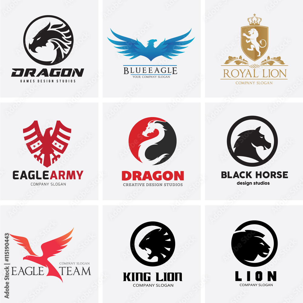 Animal Logo collection, Logo set, Eagle Logo, Lion Logo, Dragon Logo,  Boutique hotel logo, Creative Logo, Business Card and brand identity. Stock  Vector | Adobe Stock
