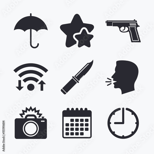 Gun weapon. Knife, umbrella and photo camera.