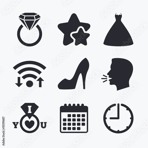 Wedding dress icon. Women's shoe symbol.