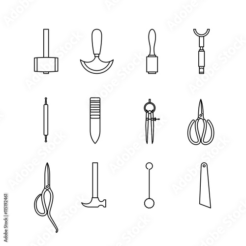 Leather hand craft tool icon set outline style isolated on white background