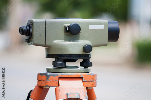 Surveyor equipment theodolite outdoors at construction site