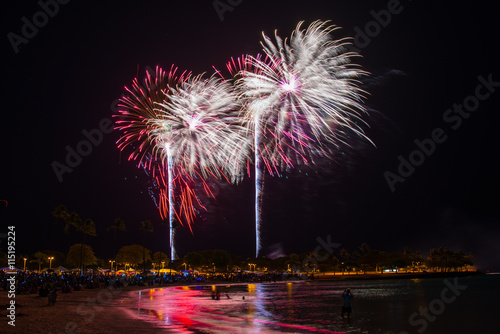 Fireworks light up the sky during Hawaii’s largest fireworks display on the Fourth of July at Ala Moana Beach Park in Honolulu on Oahu.

