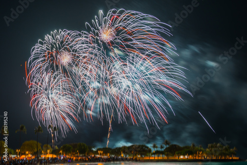 Fireworks light up the sky during Hawaii’s largest fireworks display on the Fourth of July at Ala Moana Beach Park in Honolulu on Oahu.
