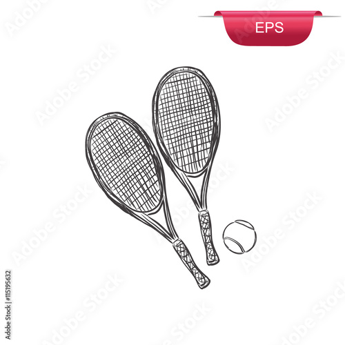 tennis rackets and ball, sketch style, vector illustration