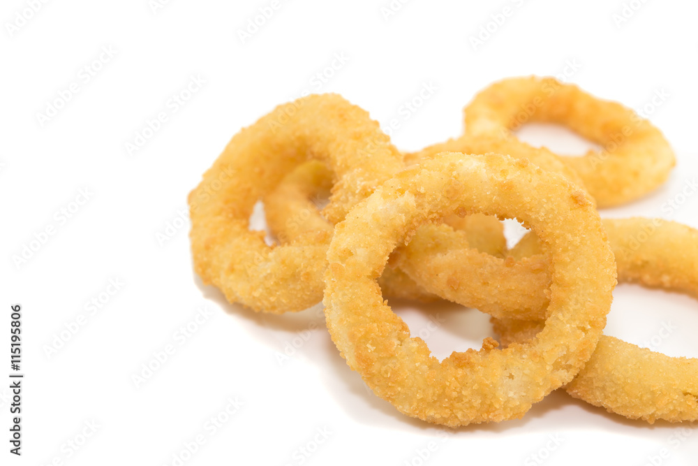 Deep fried onion ring on white background with copy space.