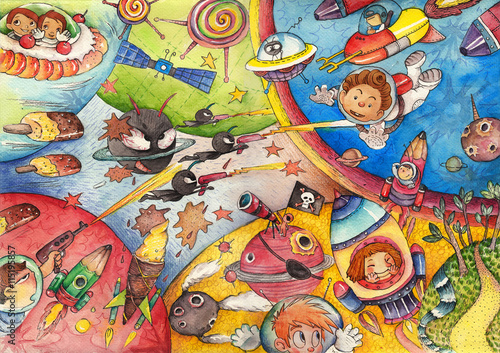 The Interstellar Age in Children's Eyes. Watercolor Artwork 