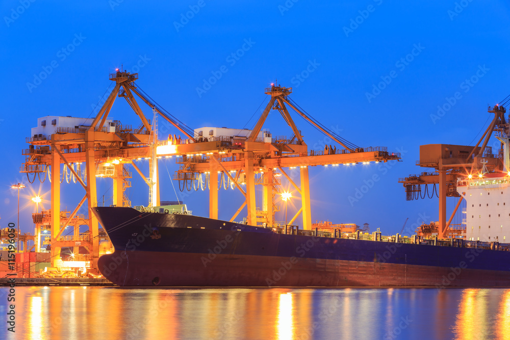 Shipyard port terminal evening twilight. Import or Export cargo concept background.mport or Export cargo