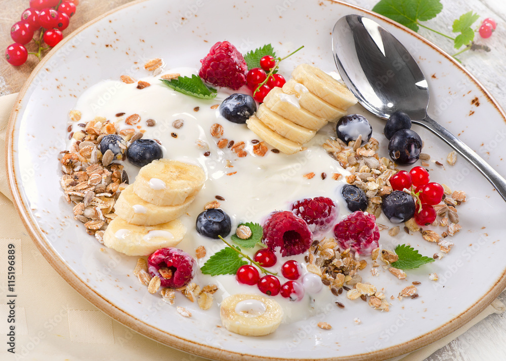 Breakfast of yogurt, fresh fruits and muesli. Breakfast of yogurt, fresh fruits and muesli.