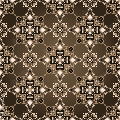 Vintage ornate seamless beige texture in Eastern style on brown.
