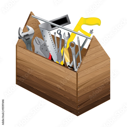 Tool box with object tool on white background. Wooden tool box and screwdriver with wrench.