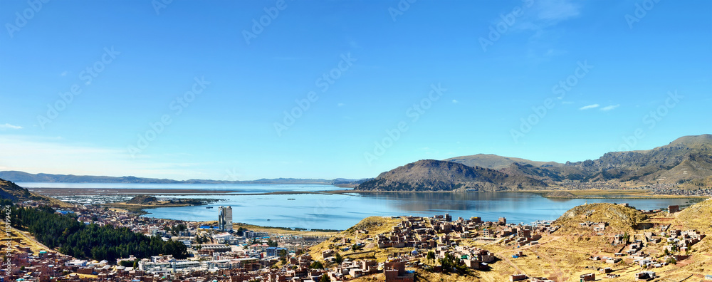 Puno city located on Titicaca lake bank