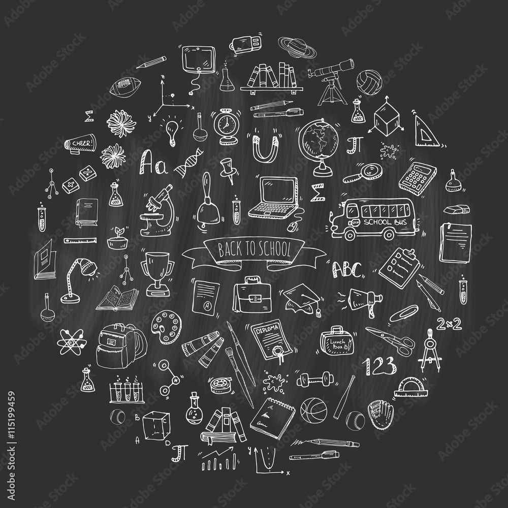 Hand drawn doodle Back to school icons set Vector illustration educational symbols collection Cartoon various learning elements: Laptop; Lunch box; Bag; Microscope; Telescope; Books; Pencil Sketch bus