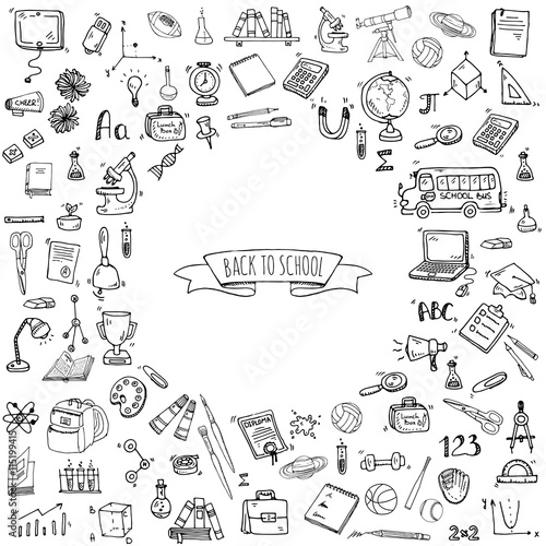Hand drawn doodle Back to school icons set Vector illustration educational symbols collection Cartoon various learning elements: Laptop; Lunch box; Bag; Microscope; Telescope; Books; Pencil Sketch bus