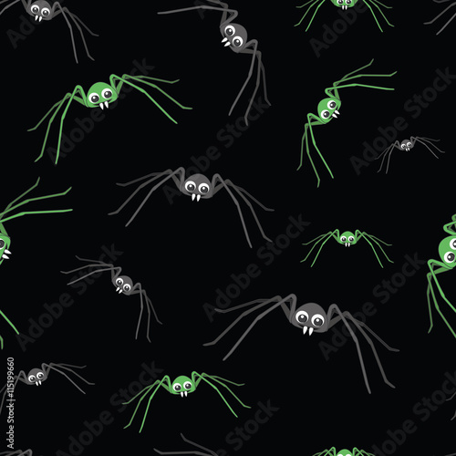 Background cute cartoon grey and green spiders with long legs on black.