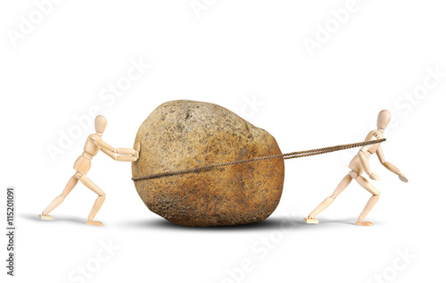 Two men drag a huge stone. Abstract image with wooden puppets