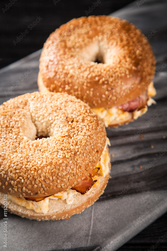 Bagel with bacon and egg Bagel with bacon and egg