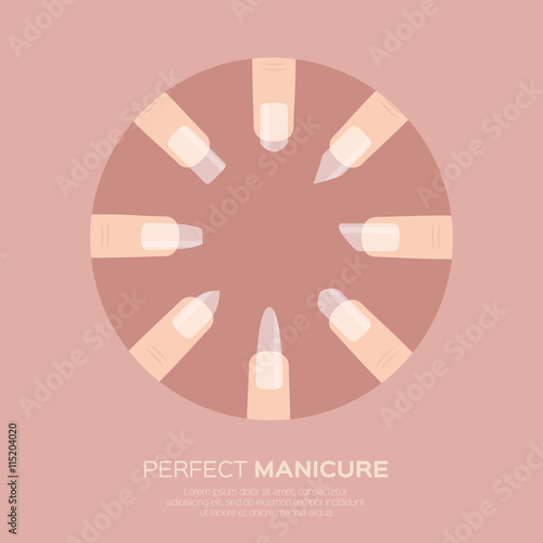 Different nail shapes icons. Woman fingers. Fingernails fashion trends. Types of fashion nail shapes. Vector design illustration on pastel background