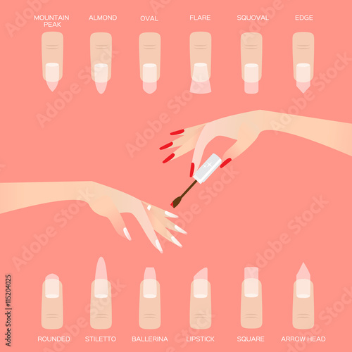 Different nail shapes. Woman fingers. Fingernails fashion trends on pink background. Vector design illustration
