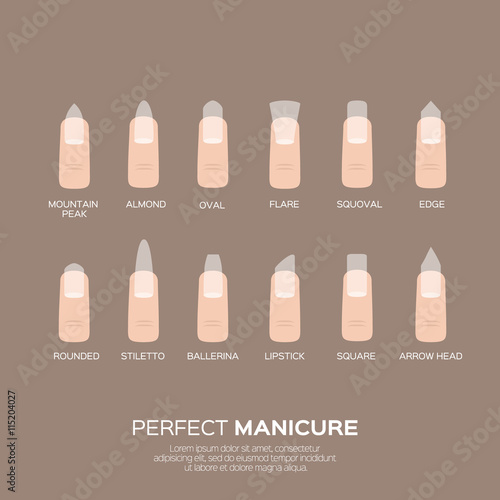 Different nail shapes. Woman fingers. Fingernails fashion trends. Vector design illustration