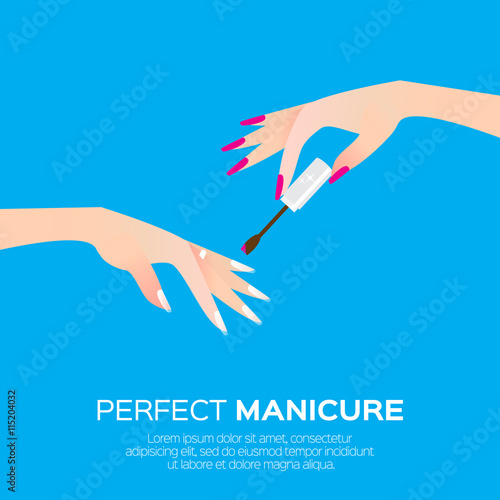 Nail art and elegant women's hand. Salon cosmetic concept. Beauty product. .Nail health banner. Nail design polish, manicure tools. Vector illustration on blue background