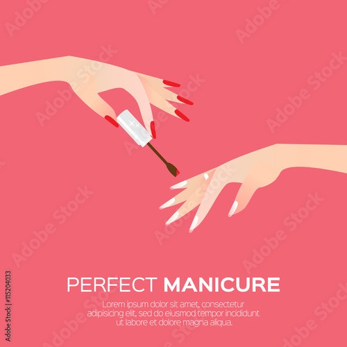 Nail art and elegant women's hand. Salon cosmetic concept. Beauty product. .Nail health banner. Nail design polish, manicure tools. Vector illustration on blue background