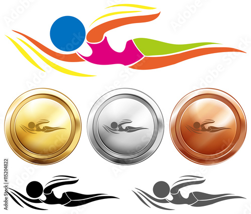 Swimming icon and three medals