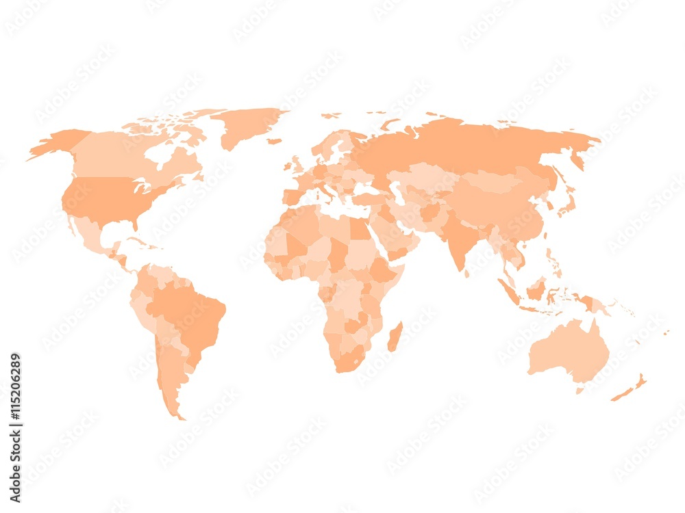 Fototapeta premium Blank political map of world in four shades of orange and white background. Simplified vector map.
