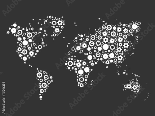 World map mosaic of white cog wheels on grey background. Industrial theme. Vector illustration.