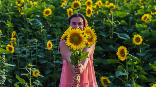 Young beautiful woman stands in a field of sunflowers