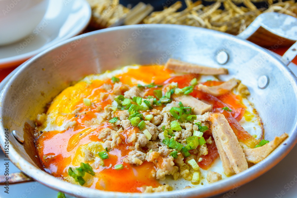 Pan fried egg with topping,Indochina Omelette breakfast. Pan fried egg with topping,Indochina Omelette breakfast.