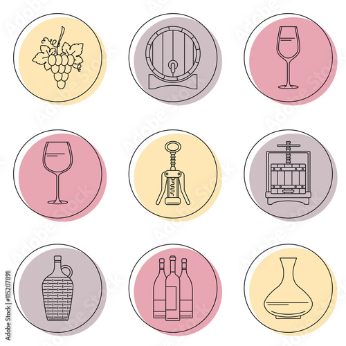 Collection of line style winemaking icons on colorful circles