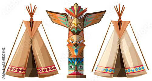 Set of teepees and totem pole photo