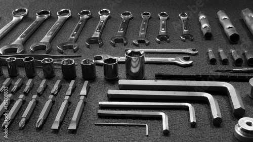 Hardware equipment. Set of variety mechanical tools angle shot