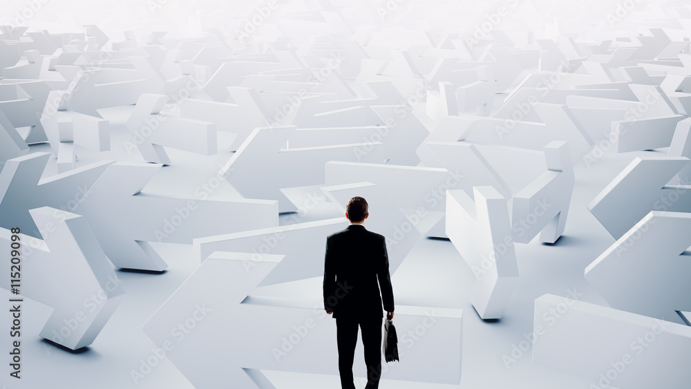 Troubled businessman finding way out . Mixed media Troubled businessman finding way out . Mixed media