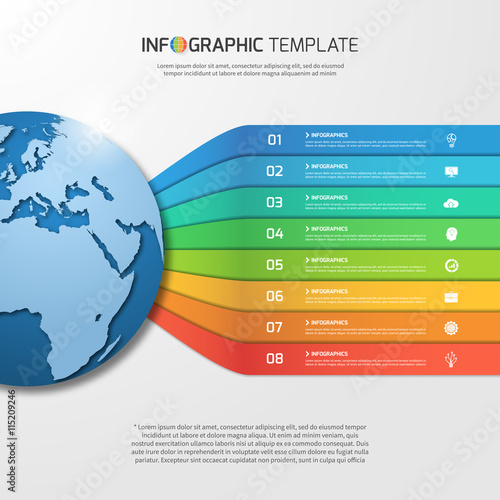 Infographic template with globe for graphs, charts, diagrams. Business, education, technology and transportation concept with 8 options, parts, steps, processes.