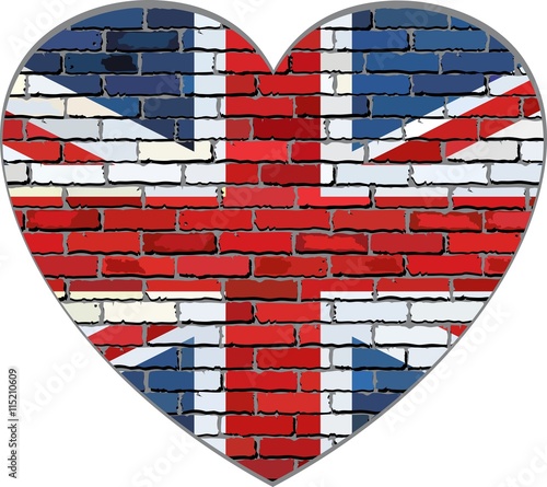 Great Britain flag on a brick wall in heart shape - Illustration,
Flag of United Kingdom in brick style, 
Abstract grunge United Kingdom flag