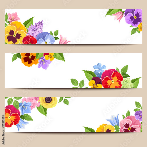 Set of three vector web banners with colorful pansies, harebell and lilac flowers.