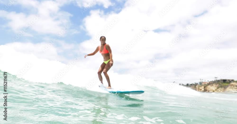 Slow Motion Girl Surfing Wave On Lonboard Slow Motion Girl Surfing Wave On Lonboard